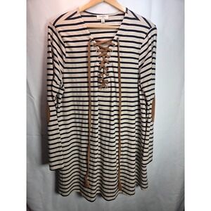 Umgee Tan Navy Striped Lace Up Tie Front Dress Elbow Patches Woman's Medium